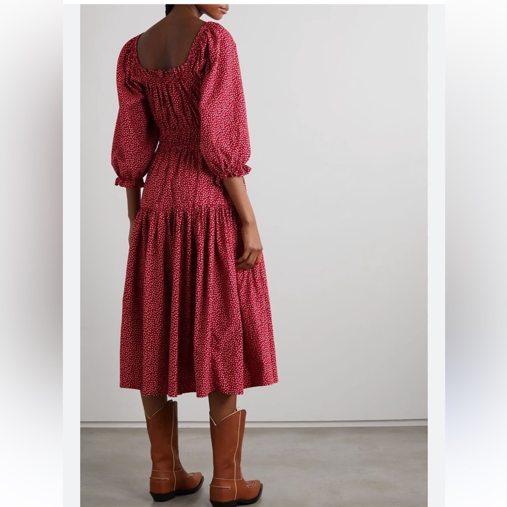 THE GREAT. Reunion Printed Midi-dress In Red Laurel Leaf Print. Size 1